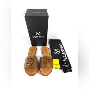 Valentino Tan Logo Slide Sandals